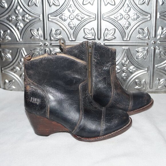 BED STU Womens Size 6.5 Genuine Leather Wedge Black Distressed Cowgirl Boots - Picture 1 of 8